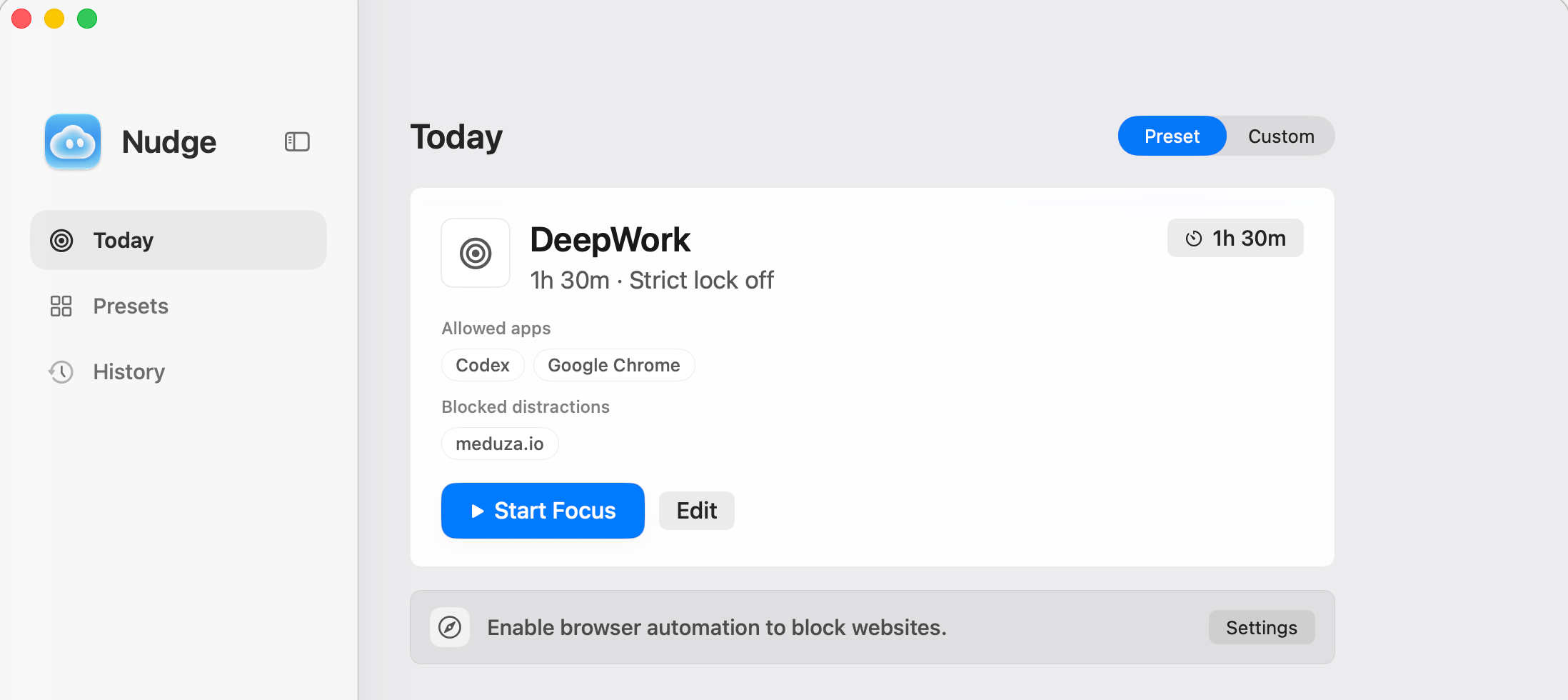 Nudge Today screen with a DeepWork preset, allowed apps, blocked websites, and a start button